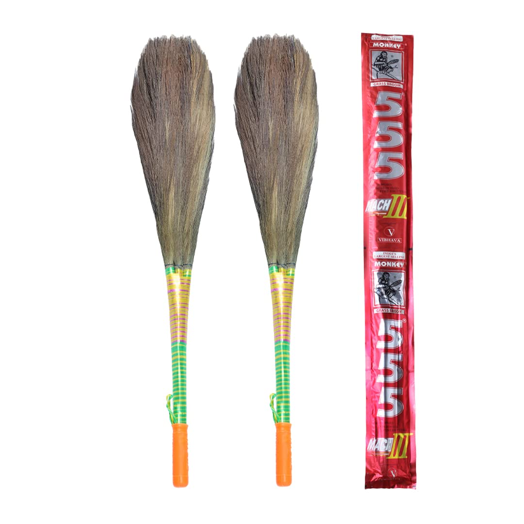 Monkey 555 Mach 3 Natural Grass Broom - Pack of 2| XL Garo Hill Grass | Removes Fine Dust | Nylon Knitted Interlocking & Grip | Perfumed Handle Broomstick | Large Area Sweeping (B0BZV6RMCG) Amazon Price History, Amazon Price Tracker