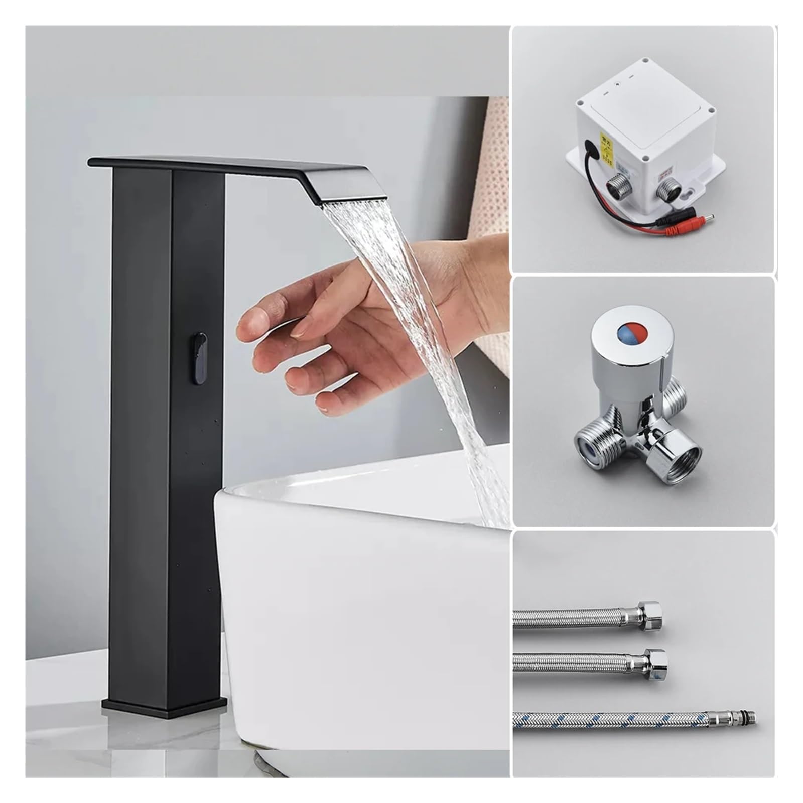 Grifo de lavabo de inducción automática en cascada negro con sistema agua fría y caliente