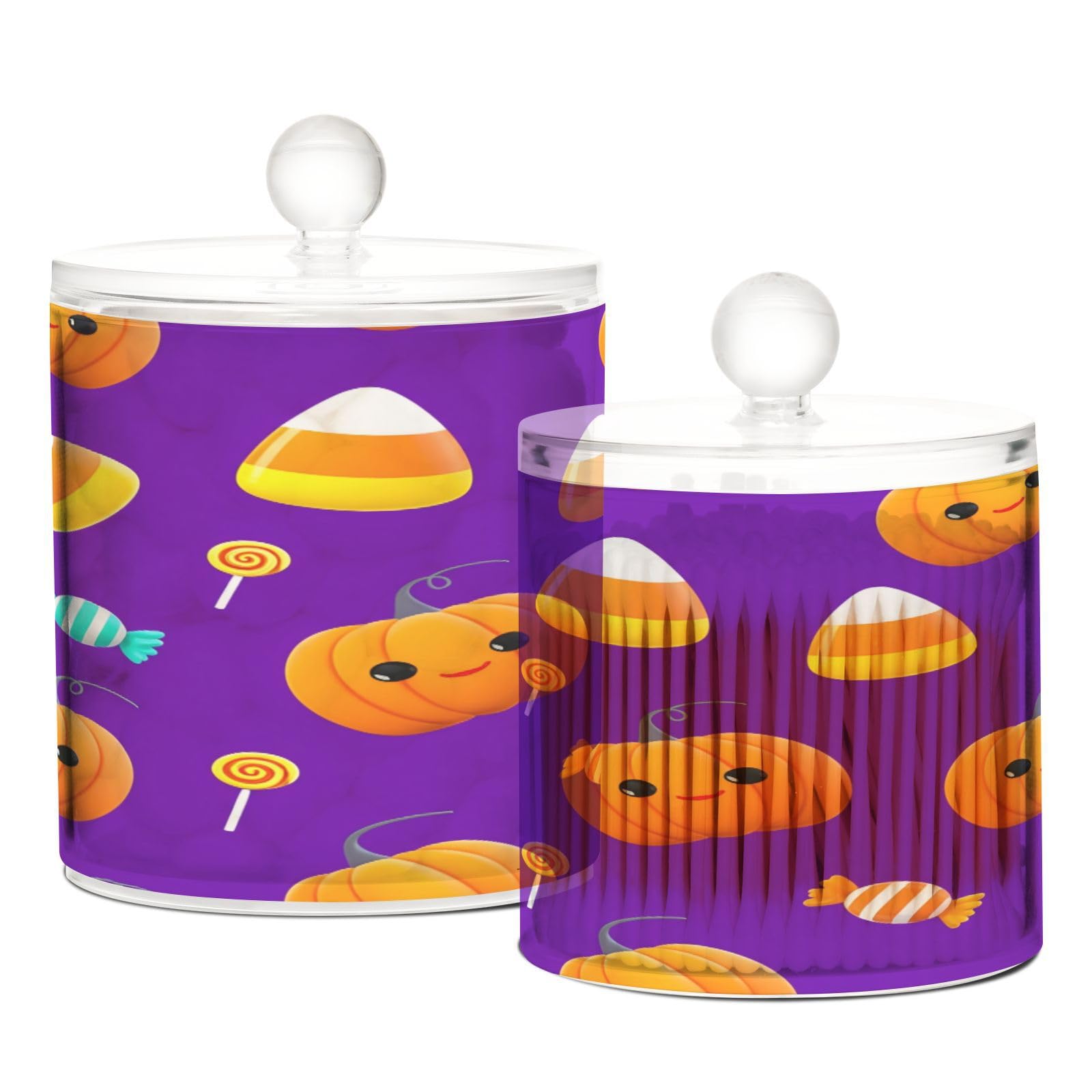BOESI Bathroom Organizer Set of 2, Cotton Swab Caddy with Lid Dispenser, Cute Halloween Pumpkin & Candy