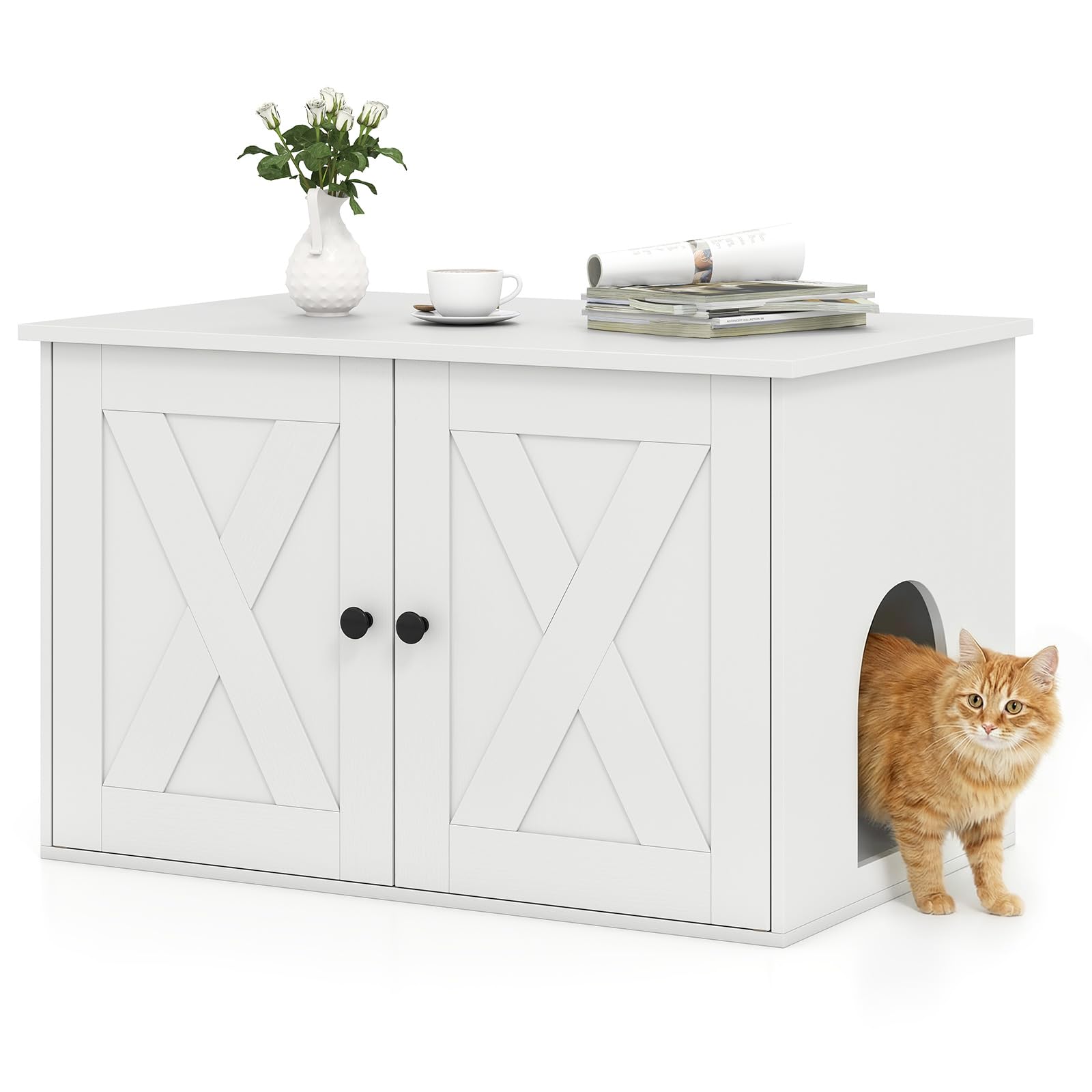 COSTWAY Cat Litter Box Enclosure, Hidden Cats House Furniture (White)