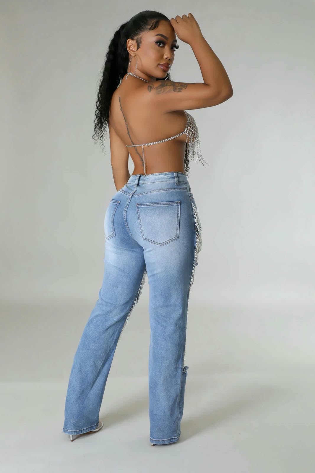 Dżinsy damskie Hot Girl Ripped Jeans, spodnie ze stretchem z ciężkimi koralikami