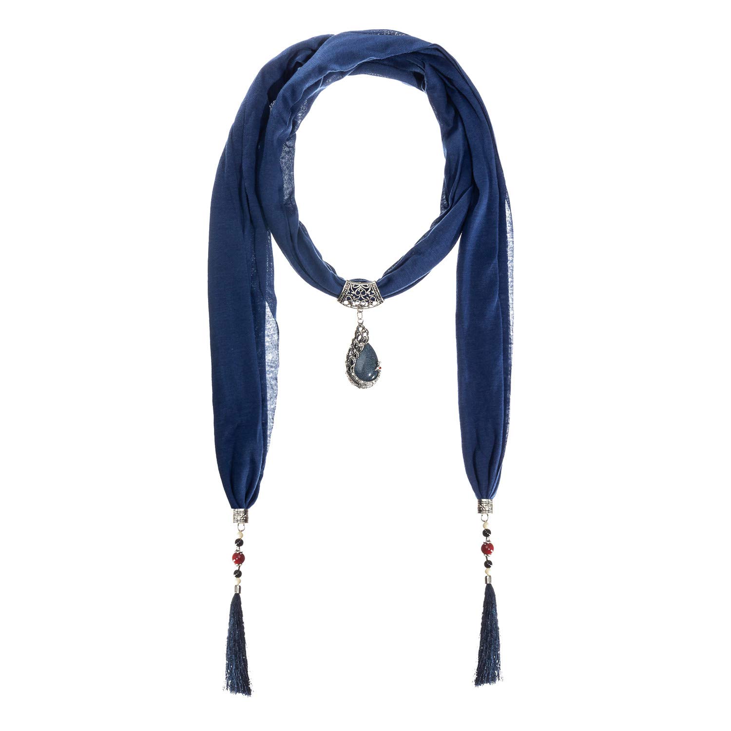 GOGNGTR Vintage Polyester Scarf Alloy Resin Gem Pendant Women's Necklace Jewelry Scarves(sc0021) (Navy)