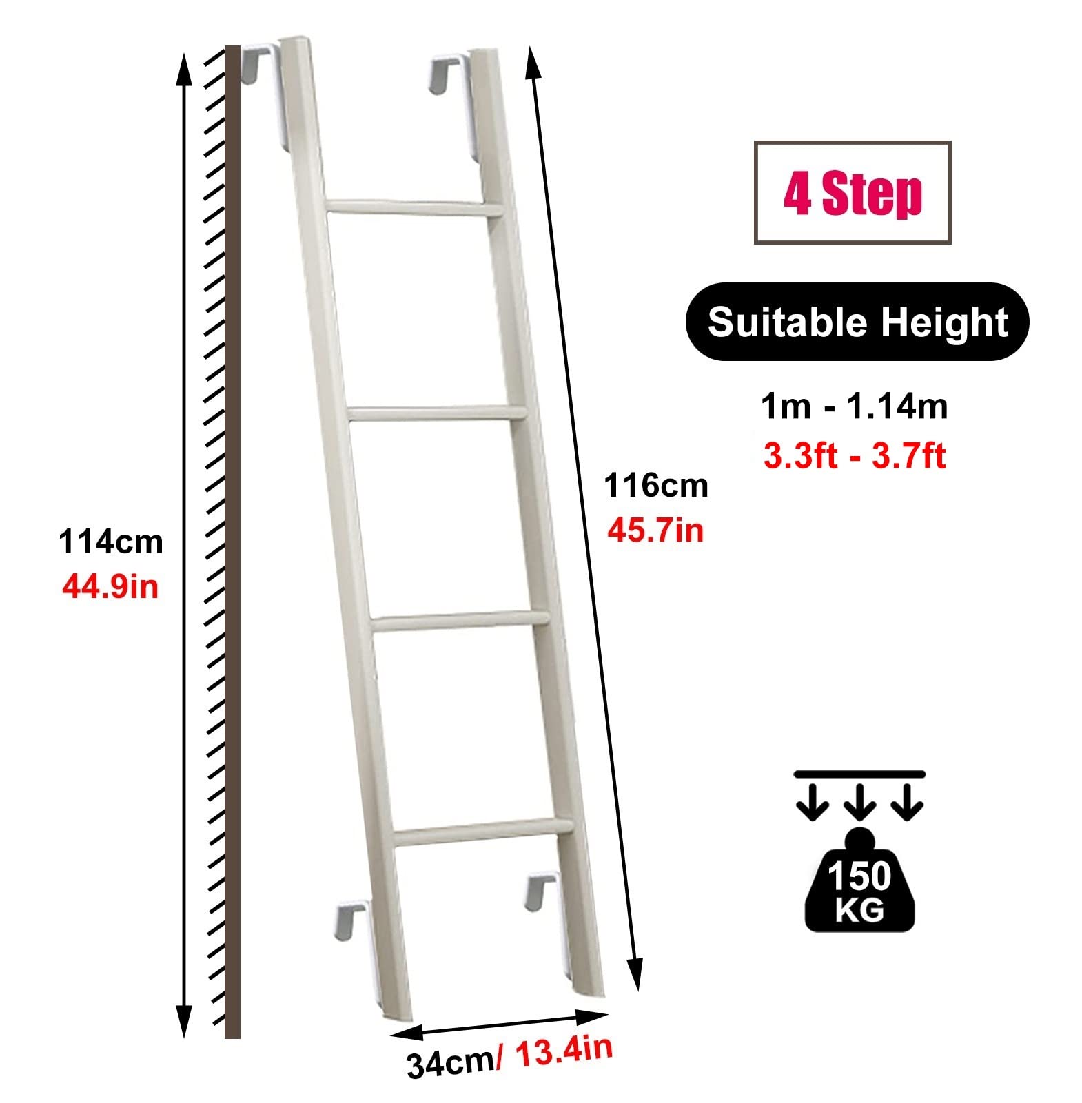 Scala di ricambio regolabile bianca per letti a castello, letti matrimoniali, camper, in metallo, altezza 114 cm, ideale per camere da letto e viaggi