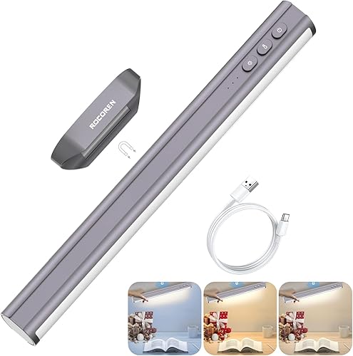 Rocoren Iluminación inalámbrica debajo del gabinete, luz magnética para armario, lámpara de escritorio de 5 W, regulable, control de botón,