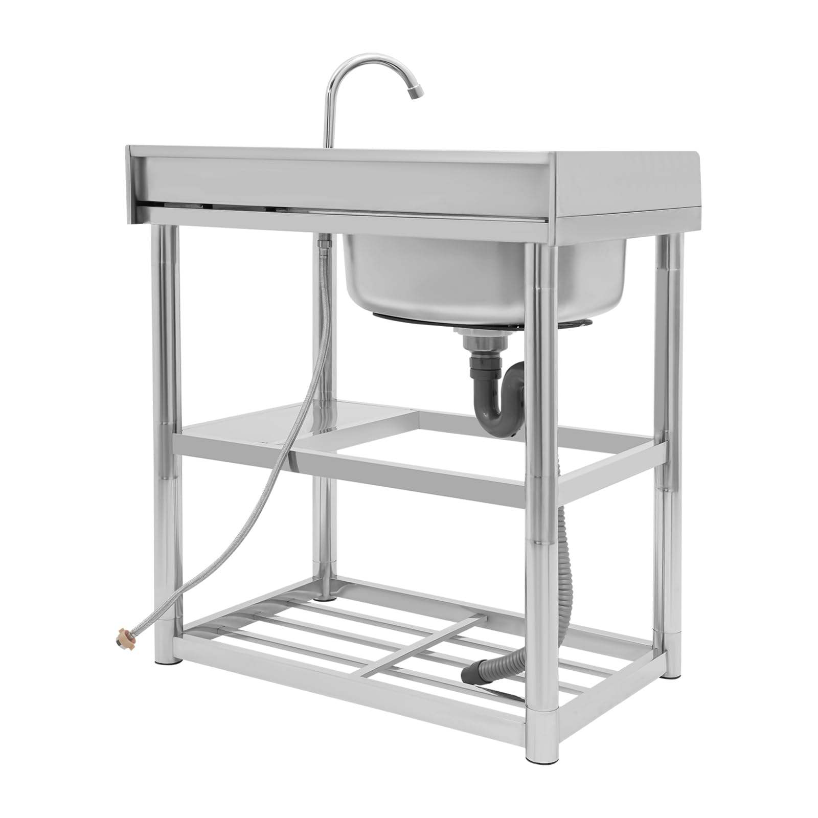 80 x 50 cm Évier Inox Autoportant 1 Bac Évier De Jardin Extérieur Lavabo Multifonctionnel Commercial Utilitaire,Évier de cuisine en acier inoxydable avec robinet rotatif à 360°,80cm de haut