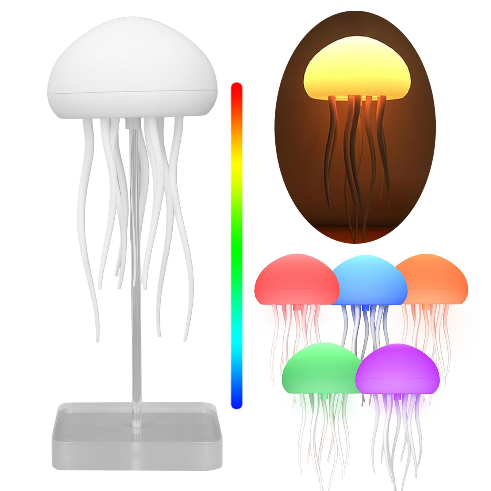 Denash LED Jellyfish Lamp,Voice Control Jellyfish Night Light with 9 Dancing Legs,RGB Gradient Rechargeable Swimming Jellyfish Bedside Lamp for Bedrooms Home Deco Party (Hanging + Base)