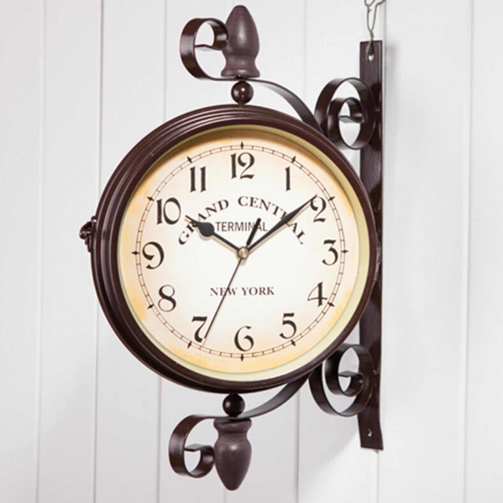 Reloj de pared doble de estilo antiguo, reloj de pared de hierro con números arábigos, reloj de jardín vintage para estación, pasillo o jardín