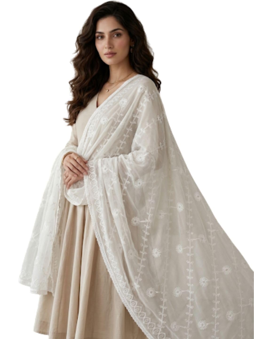 Women's White Embroidered Chiffon Dupatta-image-11