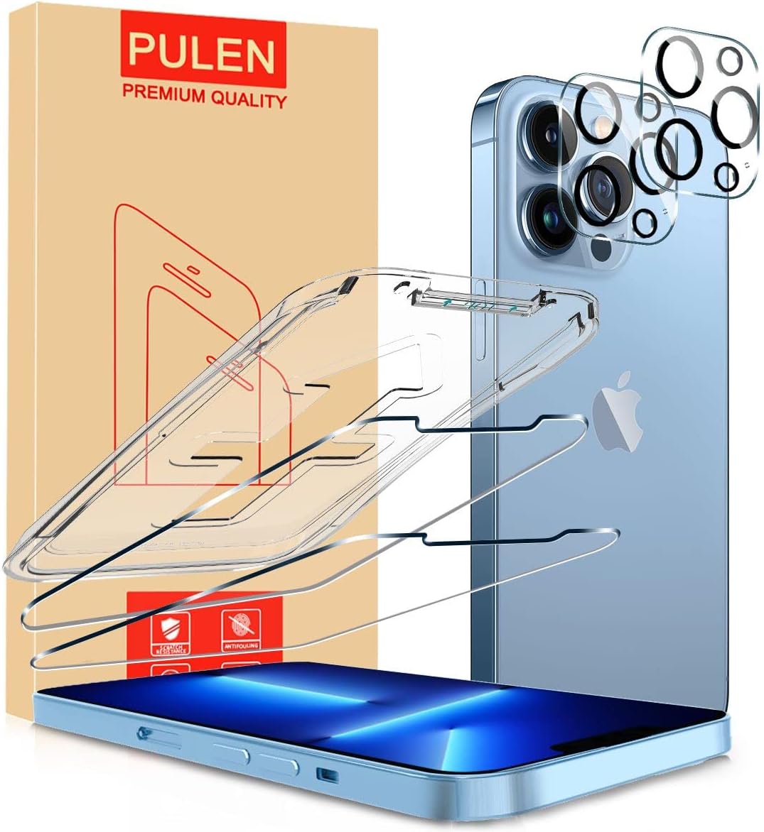 PULEN 2 Packs Screen Protector for iPhone 13 Pro Max [6.7 Inch] + 2 Packs Camera Lens Protector with Easy-Installation Tool, [Case Friendly] HD 9H Hardness Tempered Glass