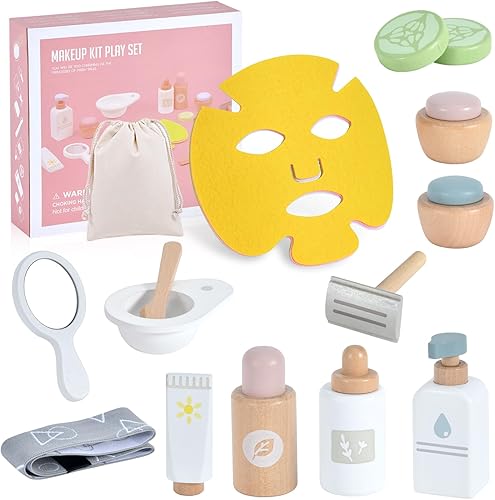 WHOHOLL Juego de juguetes de maquillaje de madera, juguetes de salón de belleza, juguetes de aprendizaje para el cuidado de la piel para niños