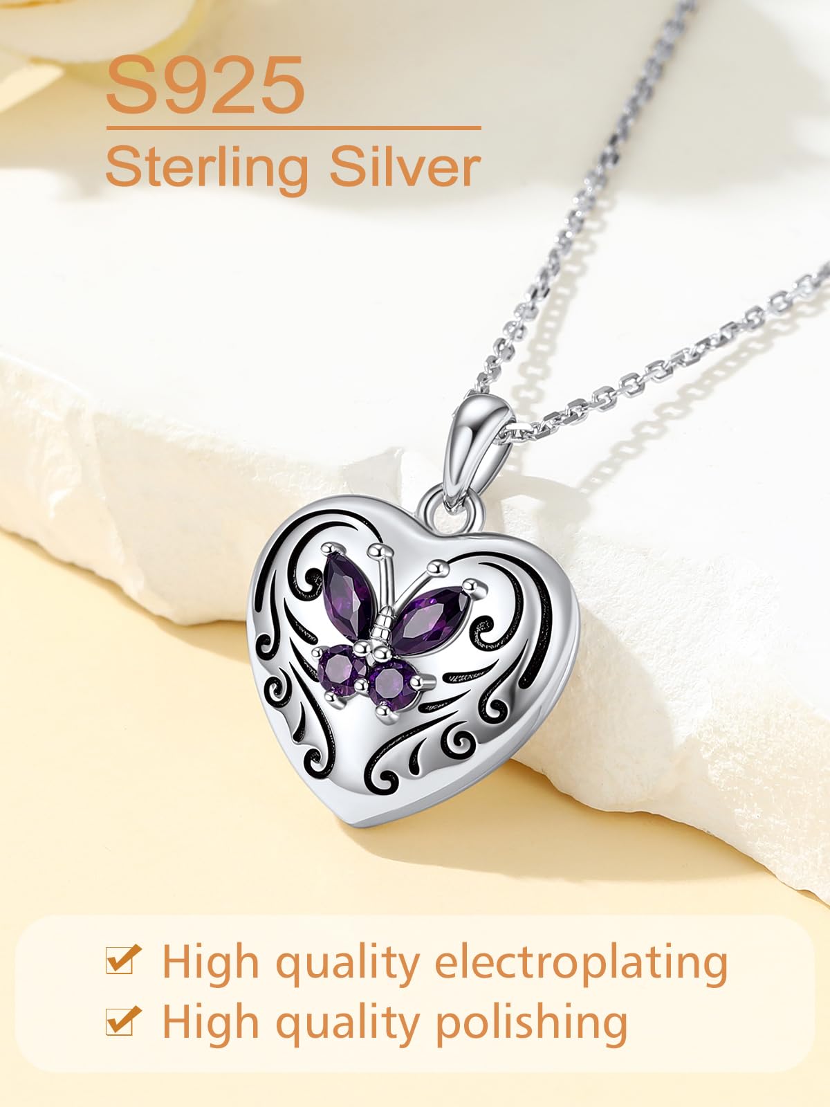 Custom4U Collier Argent Sterling Personnalisé Photo Femme, Chaîne Réglable 40/45/55+5 cm (16/18/22+2 Pouces), Pendentif Locket Photo Charme Coeur Papillon Pierre