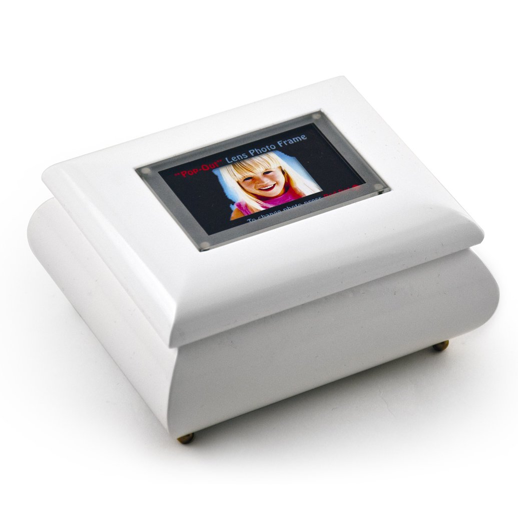 3" X 2" Wallet Size White Lacquer Photo Frame Music Box with New Pop - Many Songs to Choose - Out Le