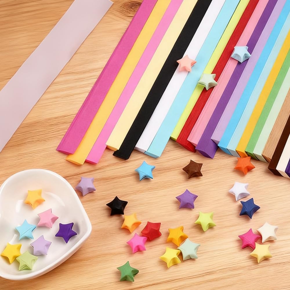 Tiras de Papel Origami Doble Cara 27 Colores Vibrantes para Estrellas de la Suerte, Papiroflexia