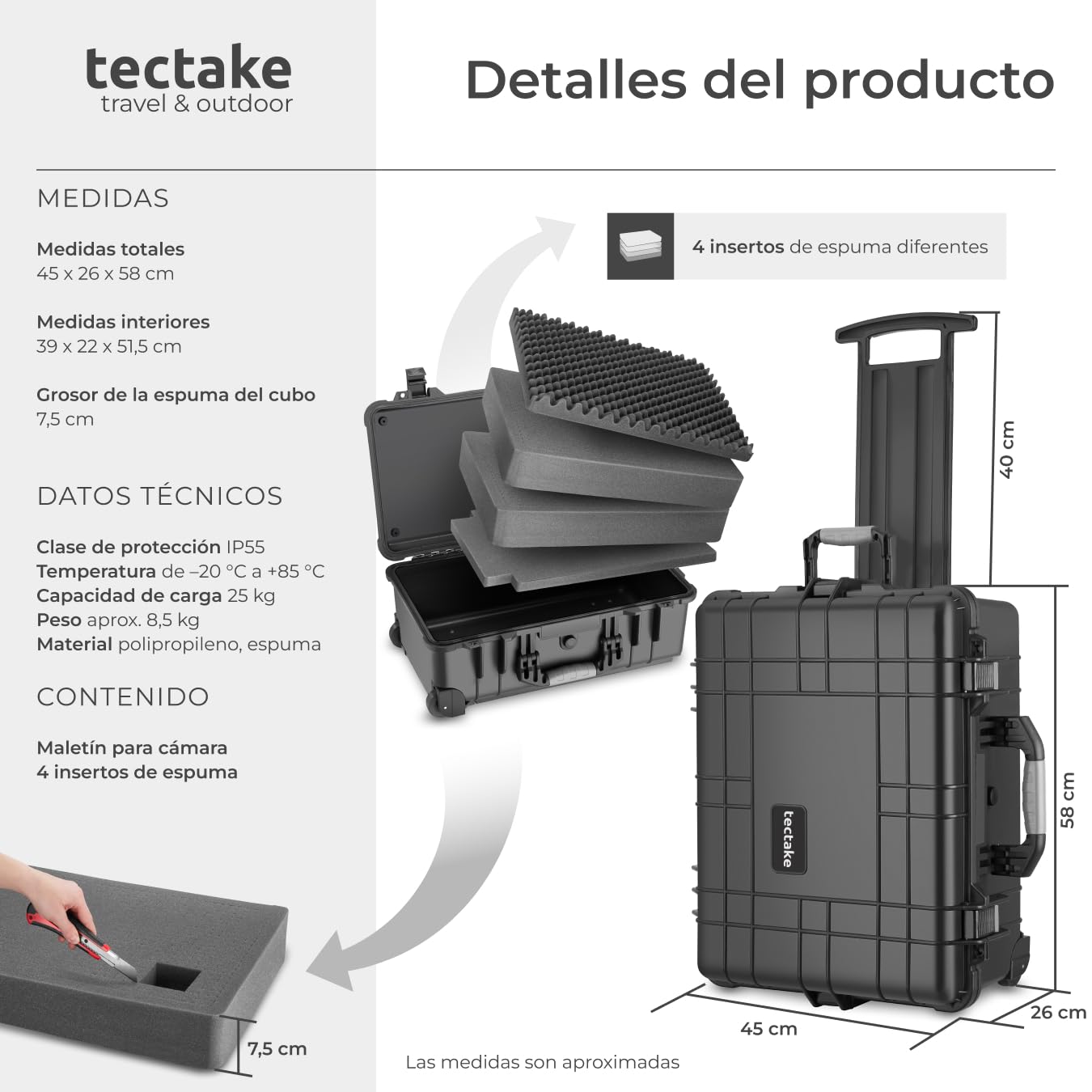 tectake® Maletín Cámara Vacío con Espuma, Carcasa Rígida, Carro Herramientas a Prueba de Golpes, Caja Herramientas con Ruedas y Asas Telescópicas, Resistente a la Intemperie, 56 x 46 x 27 cm