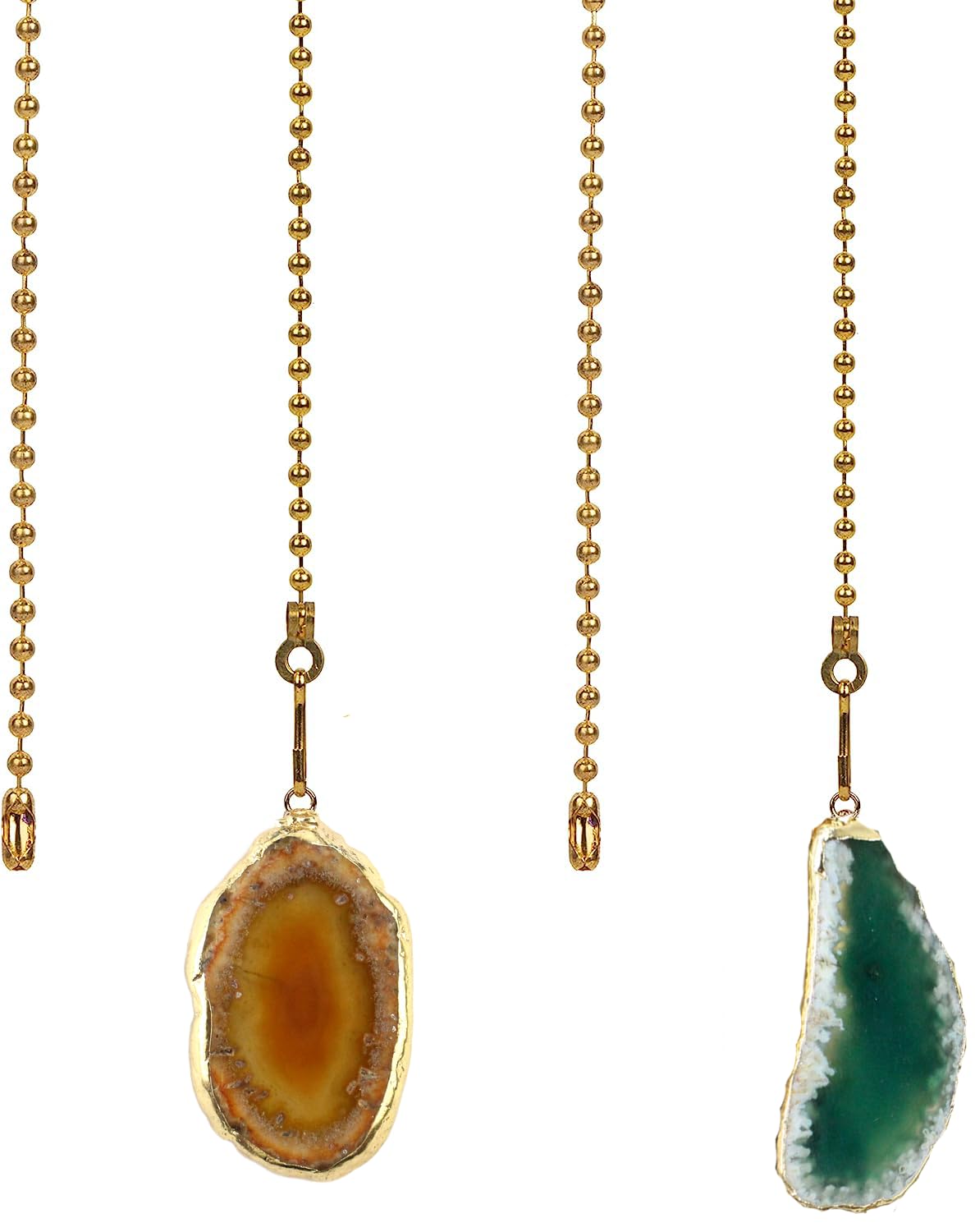 2 Pcs Ceiling Fan with Natural Agate Pull Chains - Gilt Edged Agate - 12 Inches Fan Pulls Set with Connector (Brown yellow and green)