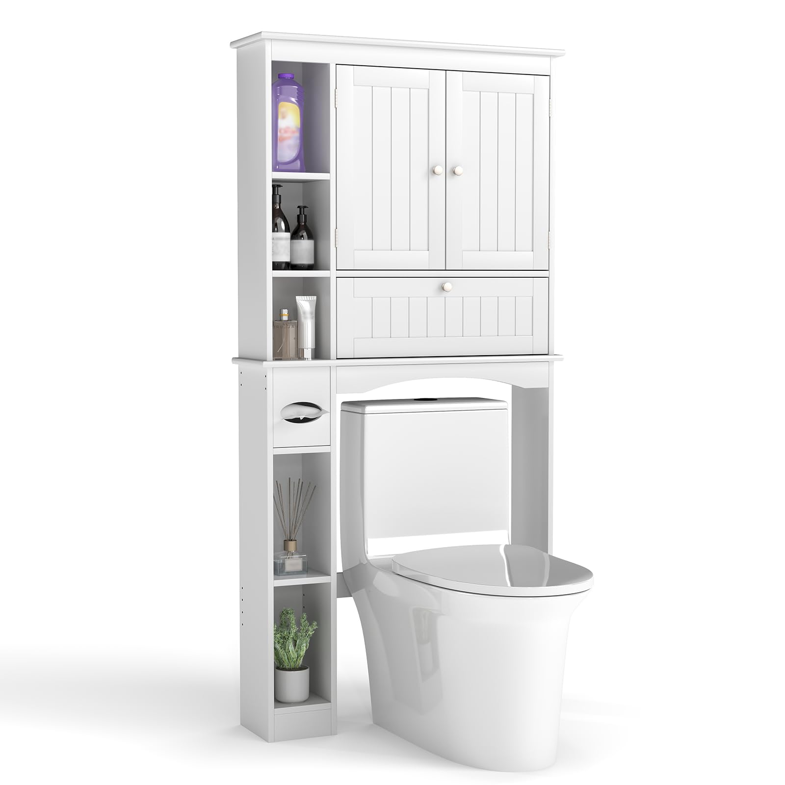 COSTWAY Armario de Almacenamiento sobre el Inodoro, Estantería con 3 Puertas y 6 Compartimentos, Estante Ajustable, Soporte para Papel Higiénico, Organizador Que Ahorra Espacio para Baño, Blanco