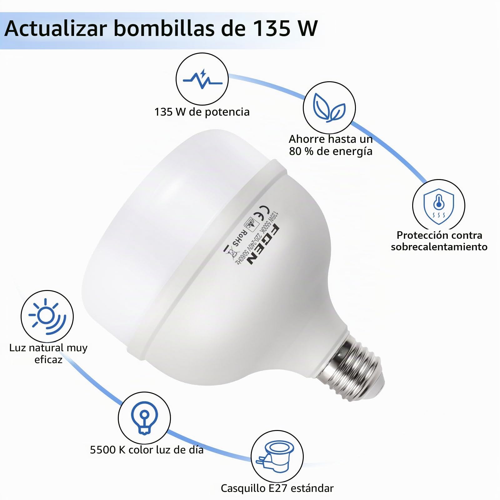 FGen Bombilla 2x135W 5500K E27 para Fotografía Estudio | Iluminación profesional para fotografía de producto, retratos, vídeos y uso con softbox.