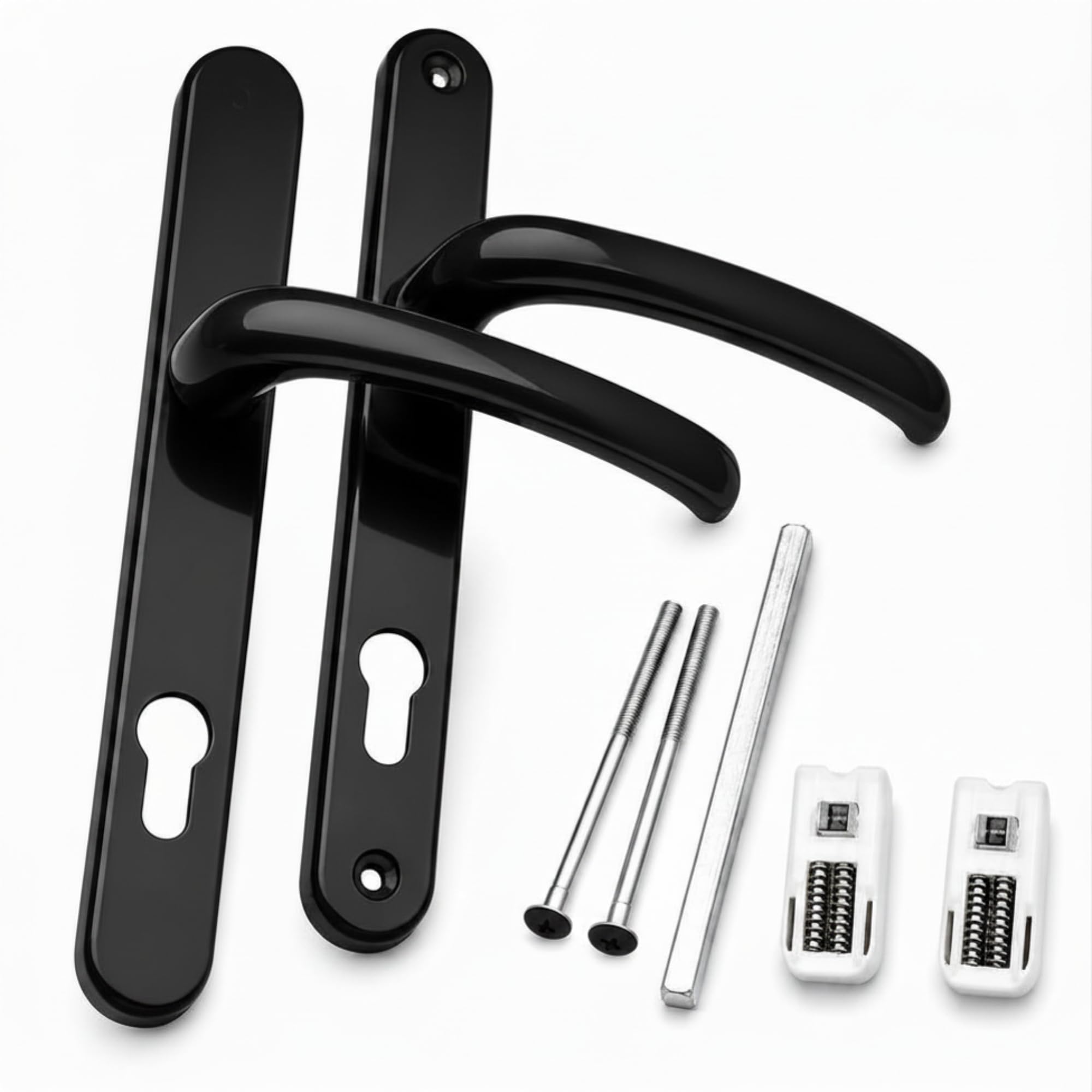 FIXINGS DIRECT] Upgraded Heavy Duty Sprung UPVC Door Handle Pair with Enhanced Security, 215mm Screw Centres Door Handles, 92mm Sprung (Chrome, White, Grey, Or Black) 241mm X 30mm (Black)