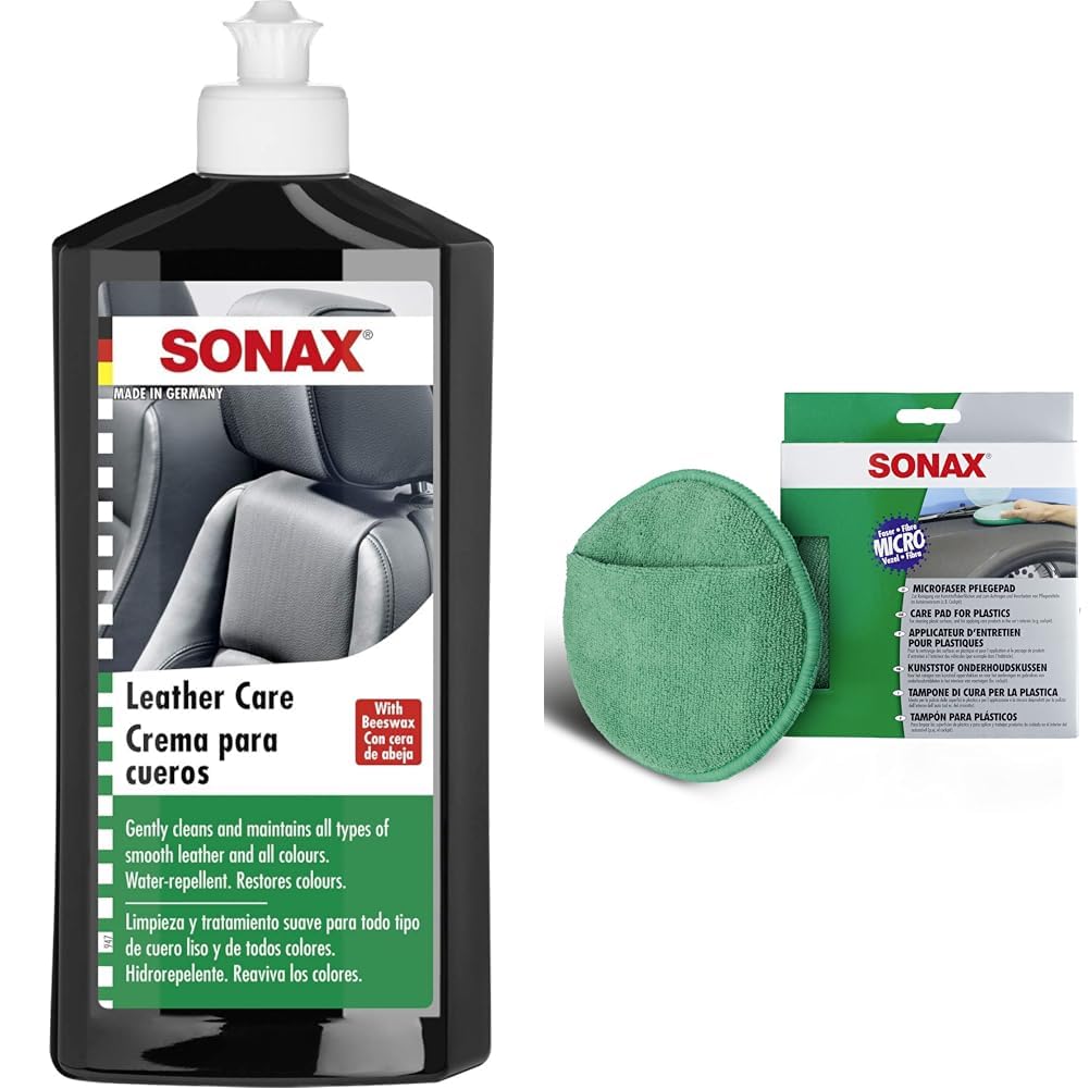 SONAX LederPflegeLotion (500 ml) wasserabweisende Lederpflege mit Bienenwachs für eine sanfte Reinigung & MicrofaserPflegePad (1 Stück) für gleichmäßiges Auftragen von Kunststoffpflegemitteln