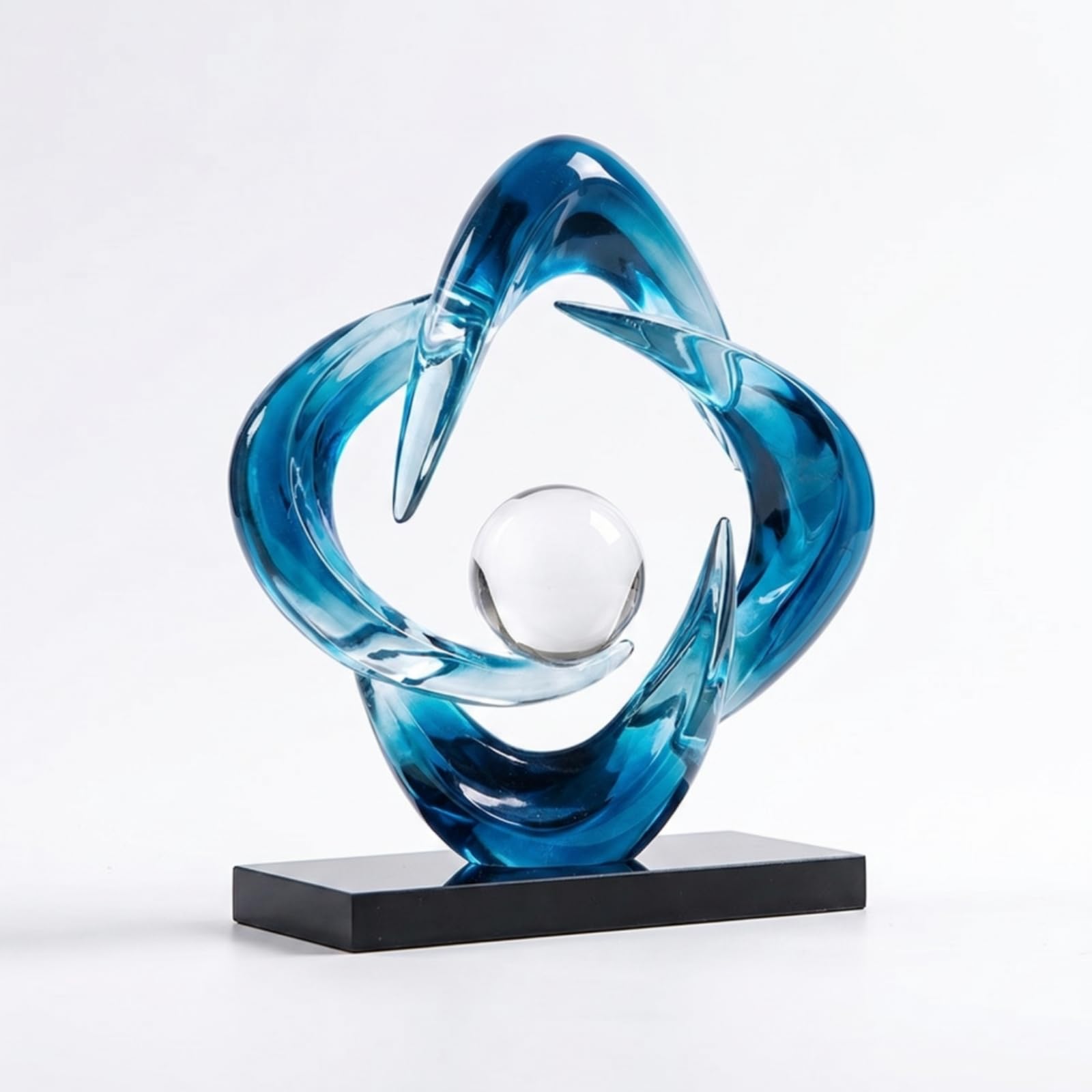 rockible Vier-Schleifen-Ringornament glänzend Tischskulptur mit Sockel dekorativ Wohndeko für Wohnzimmer, Büro, Transparentes Blau