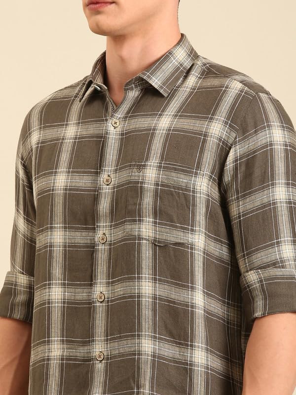 Image of Linen Club Men's Pure Linen Checked Contemporary Fit Full Sleeve Casual Shirt