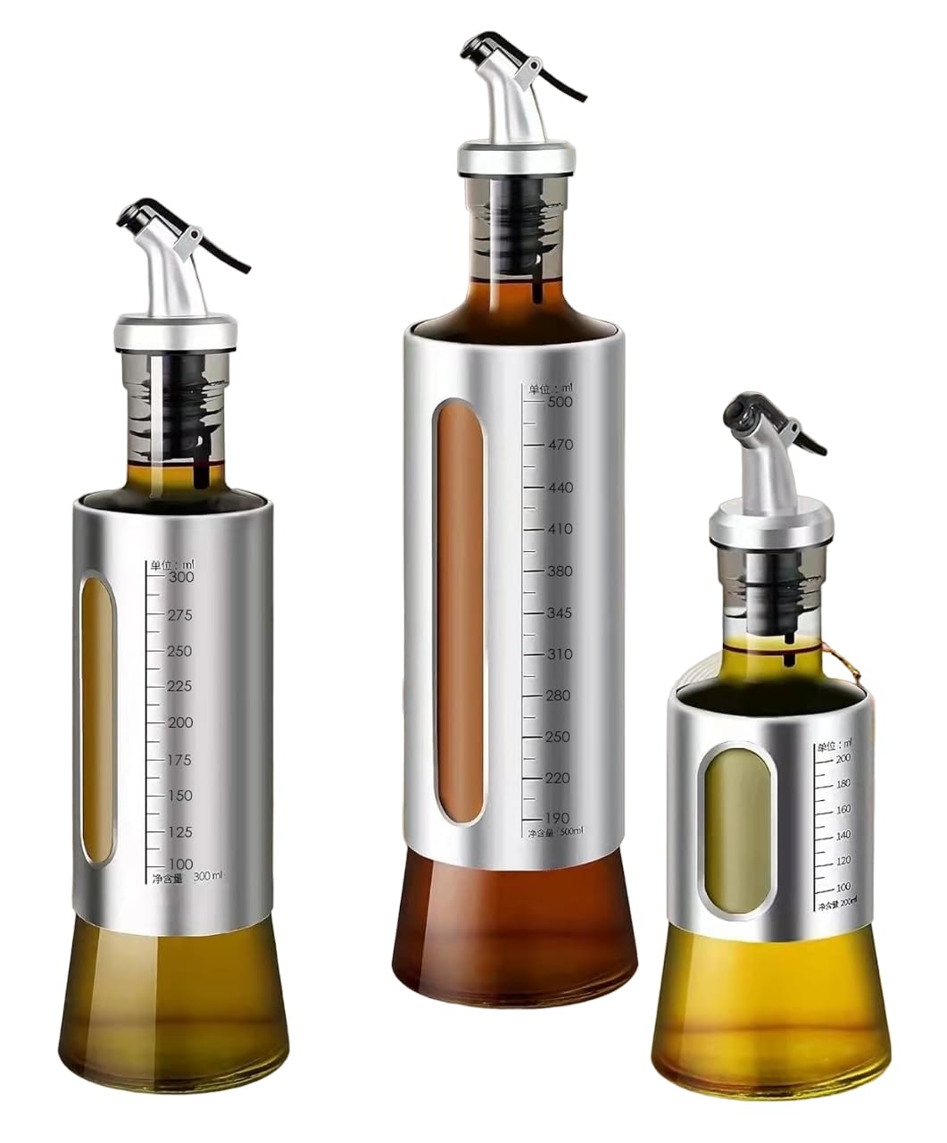 HomeCloud Stainless Steel And Glass Oil Dispenser Bottle With Measuring Scale | Perfect For Olive Oil, Sauces, And Vinegar | Leak-Proof Auto Flip Non-Drip Spout, 300 ML 2