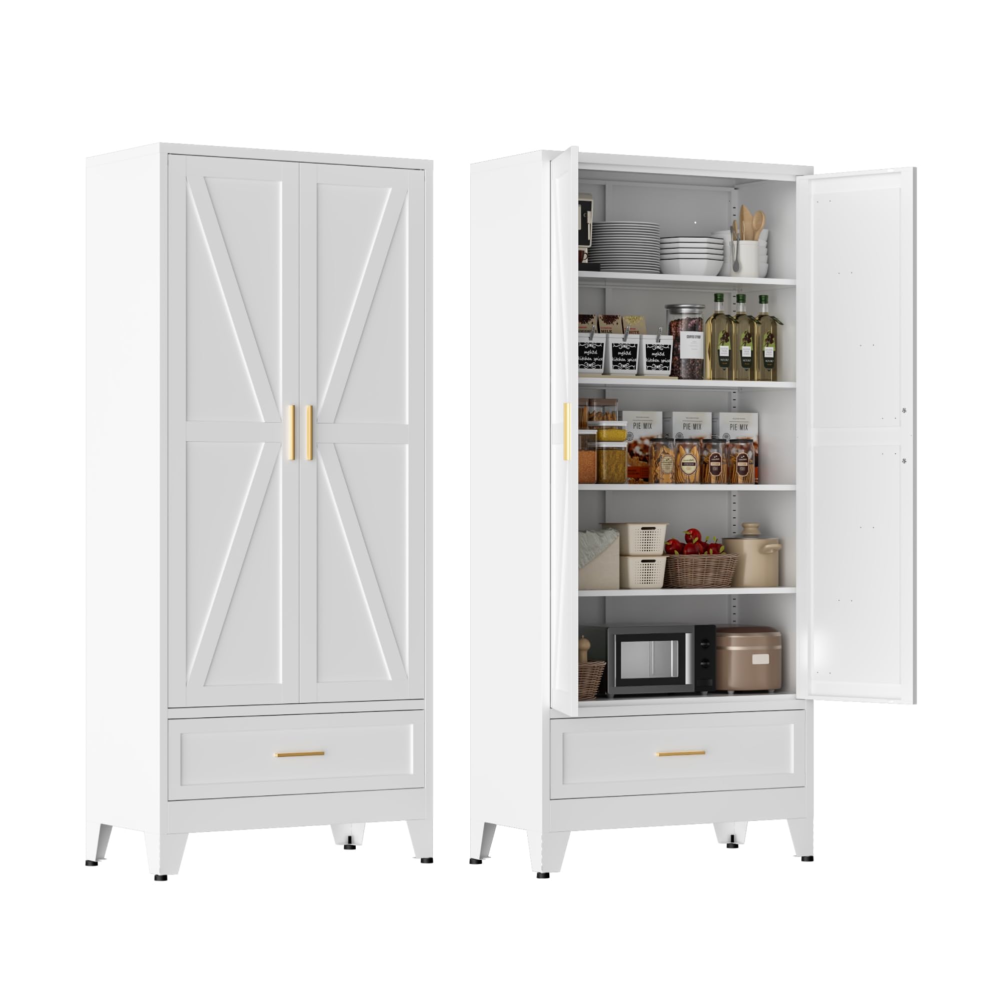 LCAOPC 71" Tall Metal Pantry Storage Cabinet with Drawer and Adjustable Shelves, Freestanding Kitchen Cupboard Storage Cabinet for Kitchen,Dining Room, Living Room, White