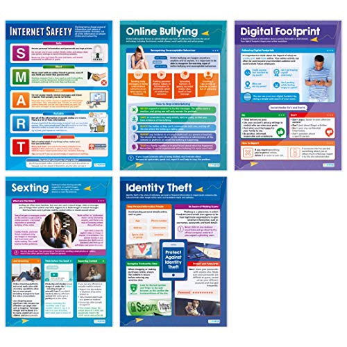 Digital Safety (Middle & High School) Posters - Set of 5 | Online Safety Posters | Laminated Gloss Paper 33â€ x 23.5â€ | Internet Safety Class Posters | Education Charts