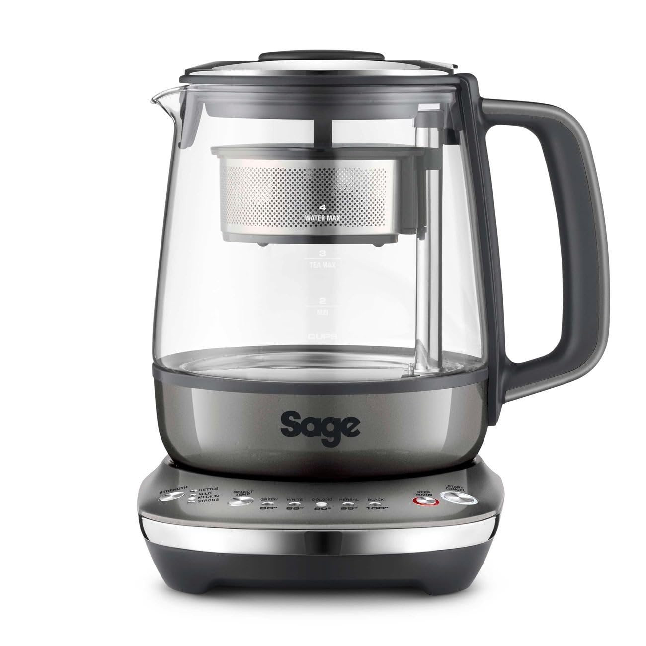 Sage - The Tea Maker - Teekocher - Teesieb mit Abesenkautomatik, optimale Ziehzeit, Stärke & Temperatur, Alle Teesorten - Wasserkocher, 1,5 L Fassungsvermögen, 2000W, Glas - Smoked Hickory