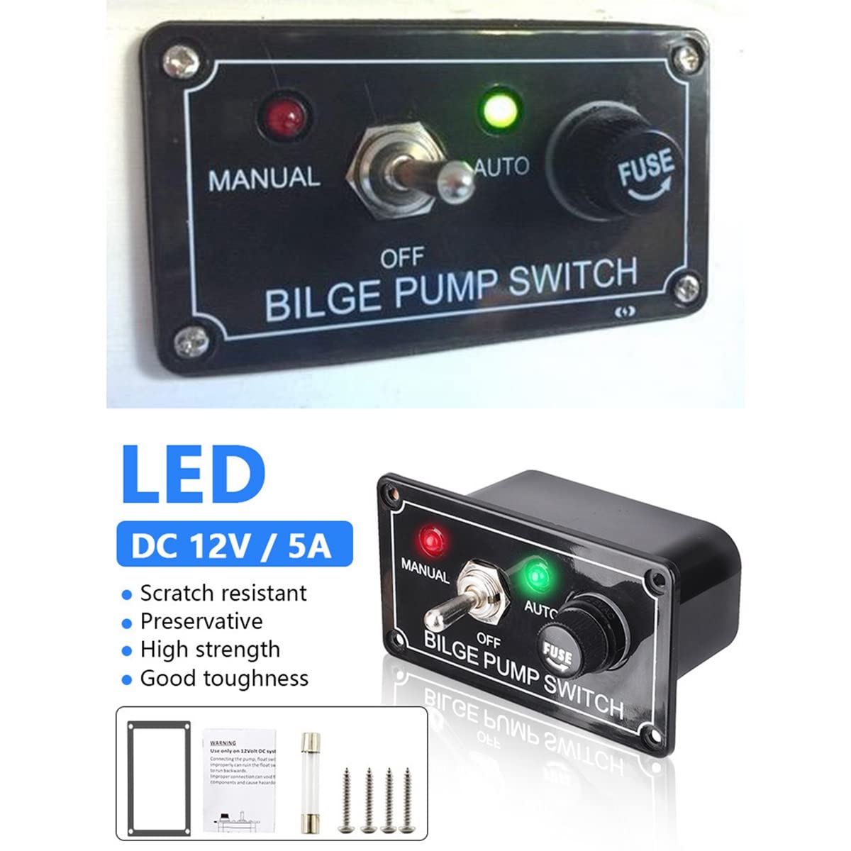 Panel de Interruptores de Bomba de Sentina Marina con Fusible de 12 V CC con Luz Indicadora LED Interruptor de Palanca Manual/Apagado/AutomáTico de 3 VíAs