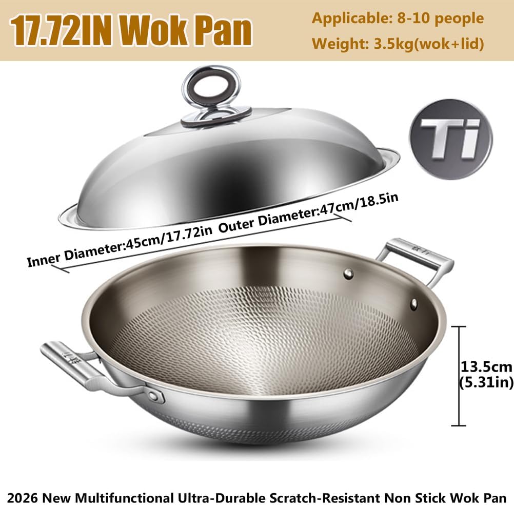 Titanium Hammered Wok with Double Handles, 2026 New Multifunctional Ultra-Durable Scratch-Resistant Non Stick Even Heating Titanium Wok for Cooking,With lid,17.72IN