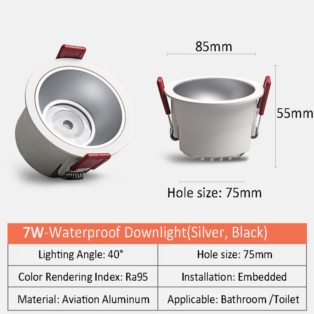 Faretti LED da Incasso, Confezione da 2, 140Lm/W, Luce per Doccia da Bagno, Faretti LED da Incasso 10W Ip65 Impermeabile, Luce da Soffitto LED da Incasso 3,3 Pollici, Fin（Silver）