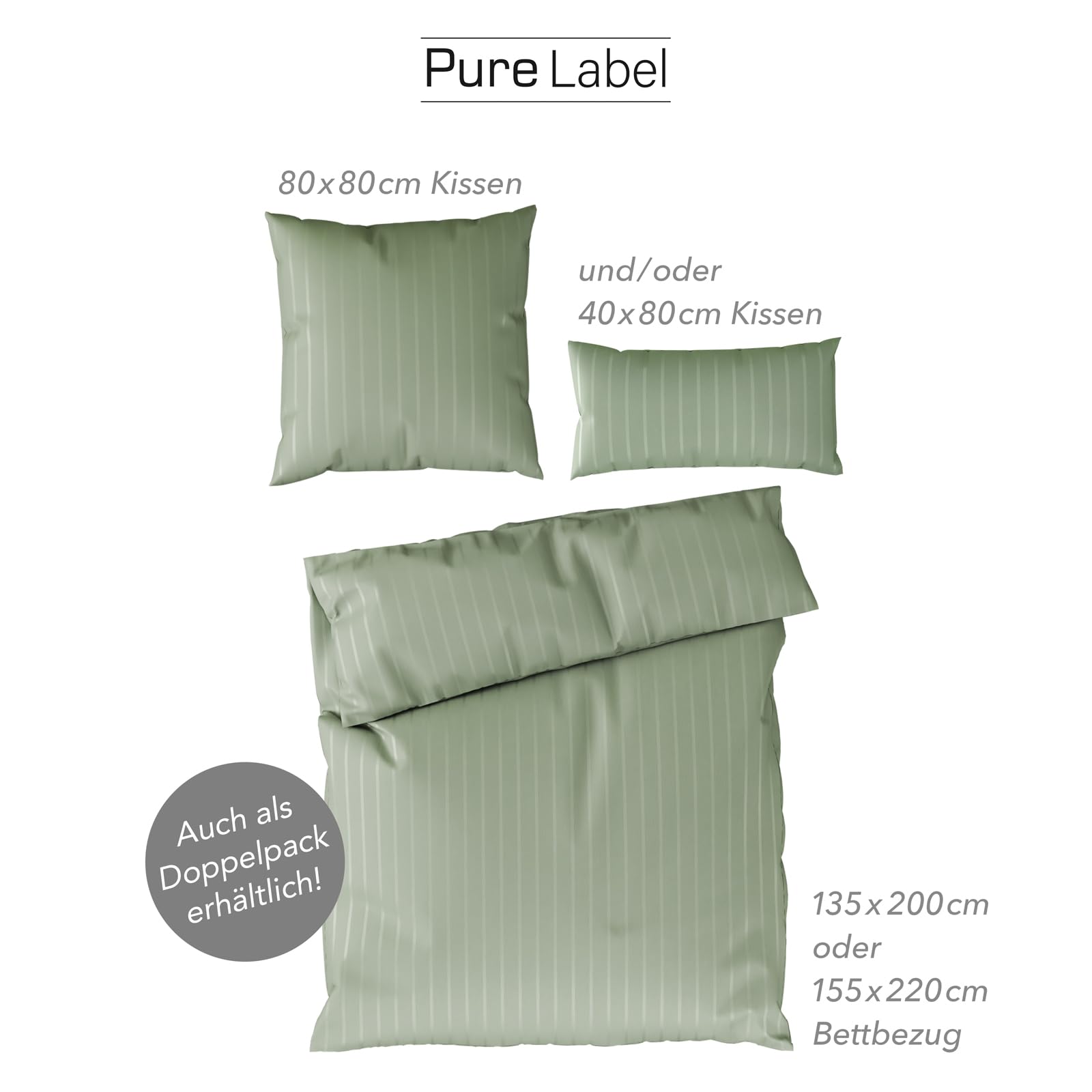 Pure Label Satin Bettwäsche 155x220 40x80 gestreift grün | 100% Baumwolle & Oeko-TEX Zertifiziert - Elegante und angenehm