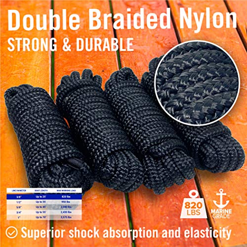 Image of Dock Lines for Boats 3 /8 inch x 15ft, 4 Pack Double Braided Nylon Boat Rope | 12 inch Loop, Marine Grade Mooring Line for Docking, Black, Better Boat
