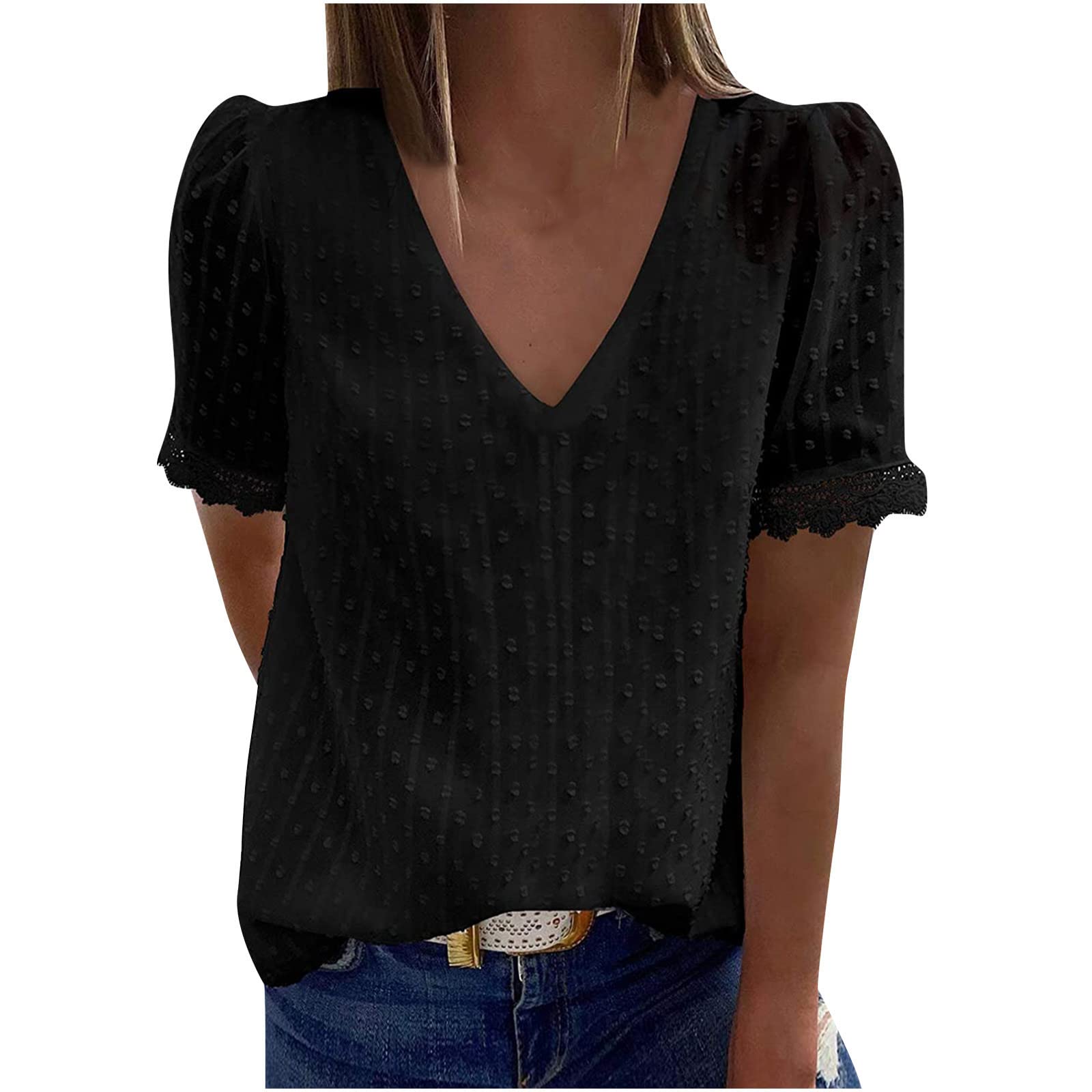 NUSGEAR 2023 Camiseta Manga Corta Mujer, Verano Moda Color sólido Blusa Camisa Cuello en V Encaje Basica Camiseta Suelto Tops Casual Fiesta Elegante Cómodo T-Shirt Original tee
