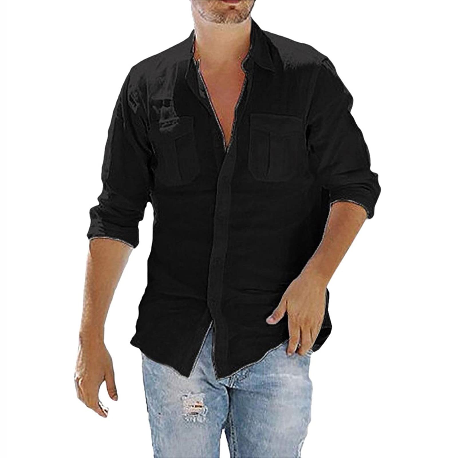 Cenlang Camisa de lino de manga larga con botones para hombre, camisas de vestir de cambray de negocios, camisas de vestir casuales de algodón con cuello extendido