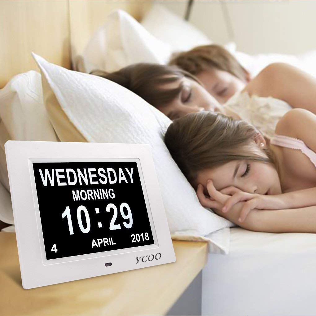 YCOO [Nuova versione] Orologio digitale con calendario con display digitale da 7 pollici, 12 allarmi per persone che vivono con demenza, perdita di memoria e Alzheimer (7 pollici bianco)