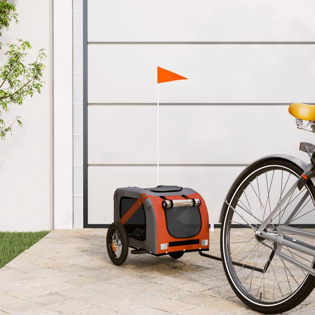 Przyczepa rowerowa ze zwierzętami, pomarańczowa, szara, tkanina Oxford z żelazną ramą, pokrowiec PVC, dwa duże koła, przednie i tylne drzwi zapinane na zamek błyskawiczny, siatka i dach zapinany na