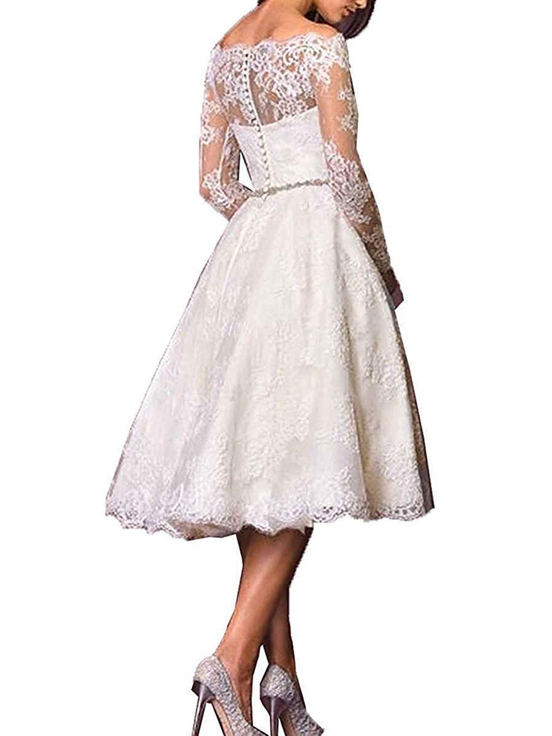 JAEDEN Femme Robe de mariée Court Robe de Mariage Manche Longue Dentelle Robe Nuptiale avec Ceinture
