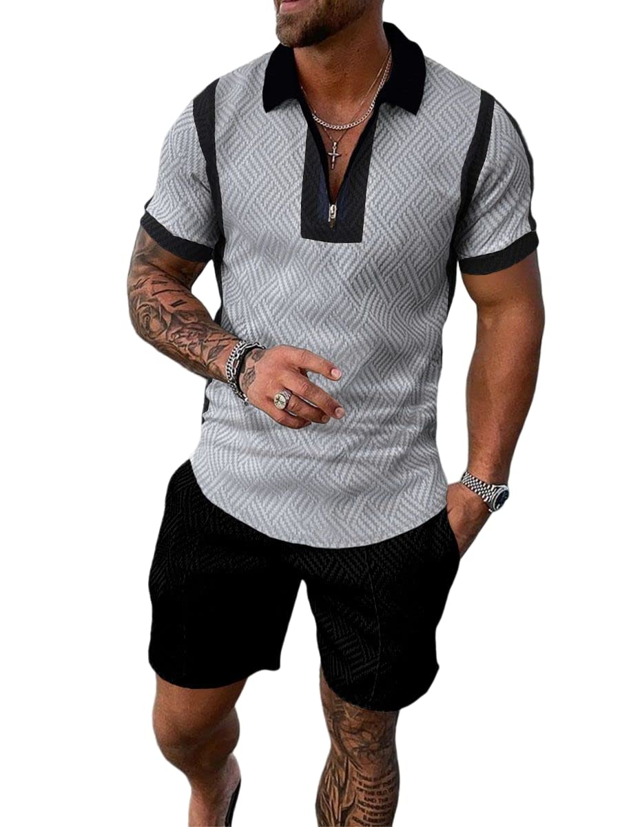 MARLLCOMens Short Sets 2 Piece Outfits Short Sleeve Zipper Polo Shirts and Shorts Sets Classic Gym Workout Summer Tracksuits
