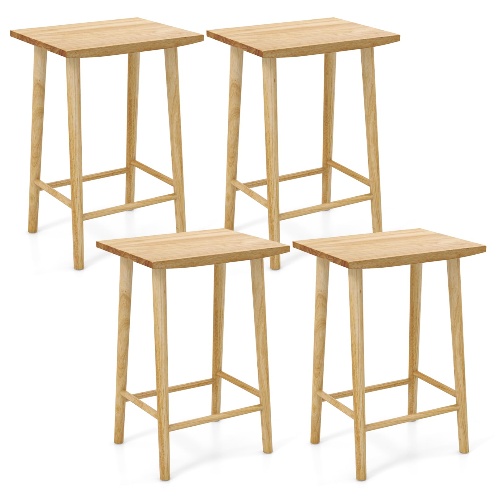 COSTWAY Wooden Bar Stools Set of 4, 25.5” Counter Height Stool with Footrest & Solid Wood Frame, Breakfast Stool, Kitchen Island Stool for Dining Room