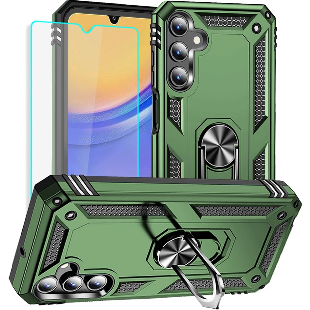 for Samsung Galaxy A15 5G Case: Samsung A15 5G Case with HD Screen Protector - Military Grade Protective Cases with Ring for Samsung A15 5G(Army Green