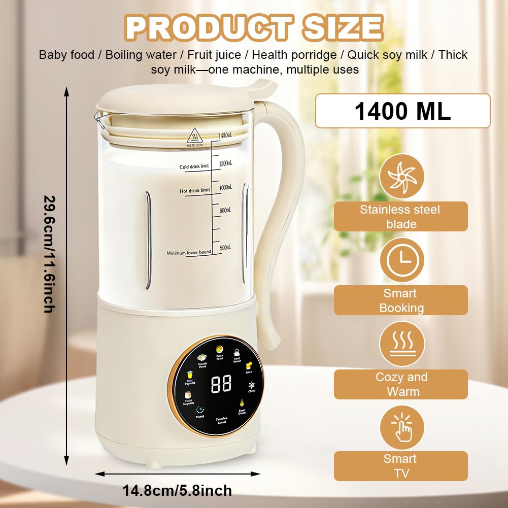 Macchina per latte di noci 1400 ml, macchina per latte d'avena con 16 lame e 9 funzioni, display LED, macchina per latte di soia, funzione di mantenimento in caldo per 4 ore e autopulizia
