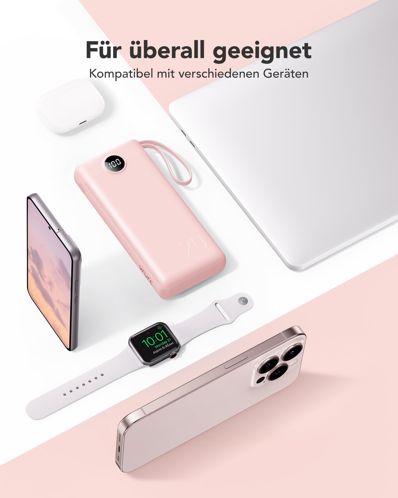 VRURC Powerbank 22.5W Schnelles Aufladen, 20000mAh Power Bank mit Kabel Tragbares Ladegerät USB C LED Display Externer Handyakkus Smartphone Kompatibel mit iPhone, Huawei, Samsung usw - Rosa