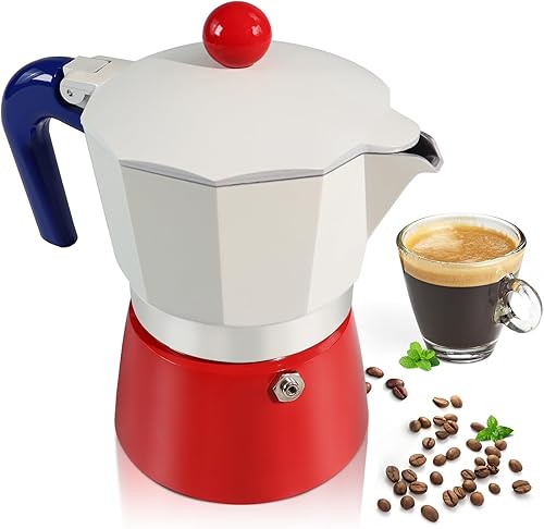 Miniatura 13 de Cafetera de café de aluminio de 6 tazas 300ml Moka Pot Expresso para café de estufa, cafetera de café espresso de estilo clásico italiano, colorida,