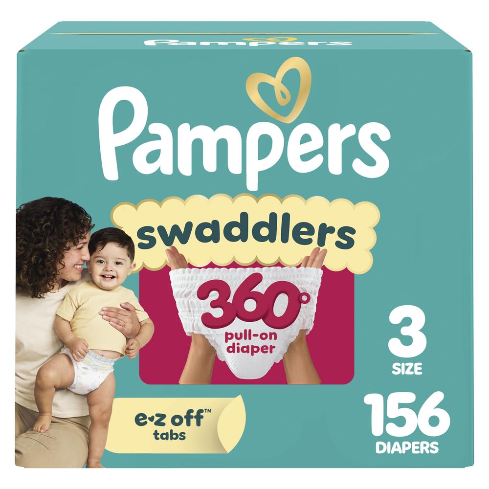 Pampers Diapers - Swaddlers 360° - Size 3, 156 Count, up to 100% Leakproof Comfy Dry Fit, Designed for Easy Changes, Pull On Baby Diaper