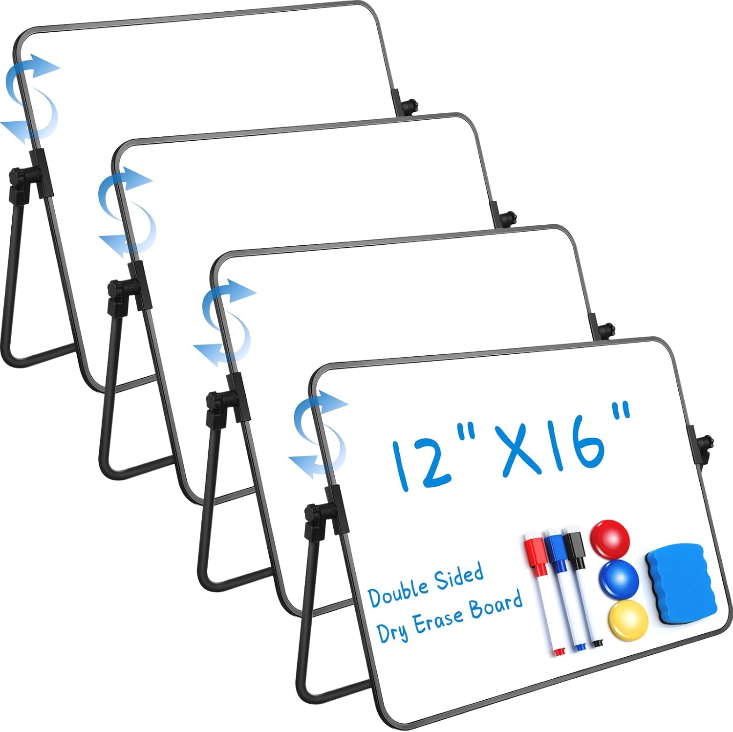 Patelai 4 Sets A3 Magnetic Desktop Whiteboard, 16 x 12 Inch Dry Erase White Board with Stand Portable Double Sided White Board Easel, 12 Markers, 4 Eraser, 12 Magnets for Classroom Home Office