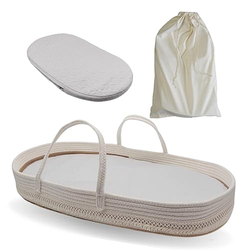 BHT - Cesta para cambiador de pañales de bebé con funda impermeable para cambiador y bolsa de viaje, cesta de moisés de cuerda tejida para bebé boho