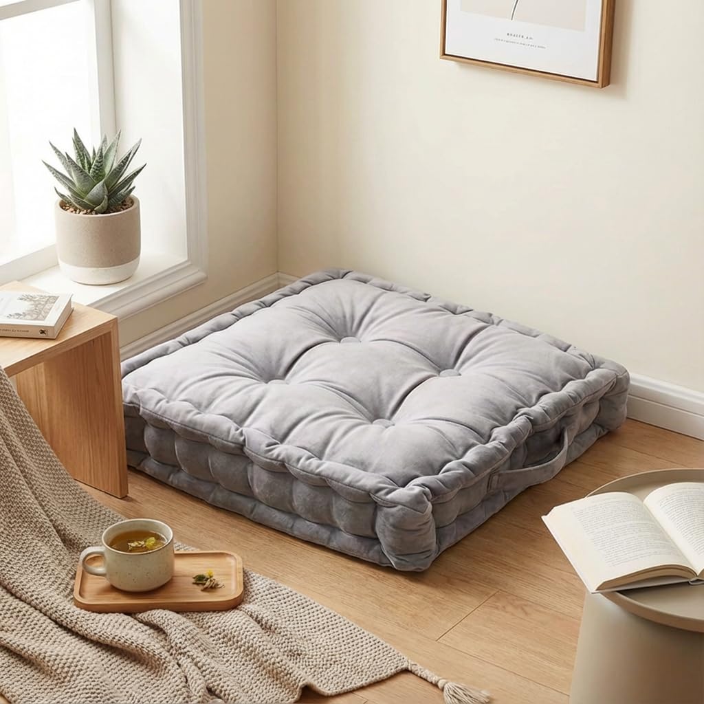 Hcosmy Floor Cushion Pouf, Square Floor Pillow Seating Chenille Meditation Cushion, Thick Tufted Pillows for Living Room Yoga Bedroom Sofa, 45 x 45CM (Light Grey)