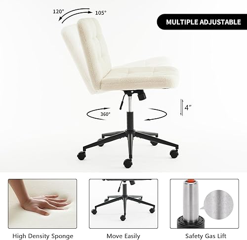 Miniatura 6 de Furnimart Silla de escritorio ancha sin brazos con ruedas, silla giratoria cruzada con respaldo medio para oficina en casa, asiento ancho ajustable